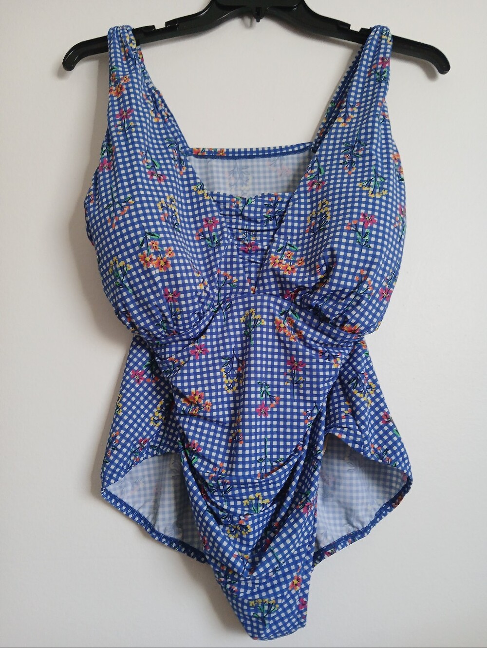 Lands' End Size 20W One piece Swimsuit Blue Check Floral
